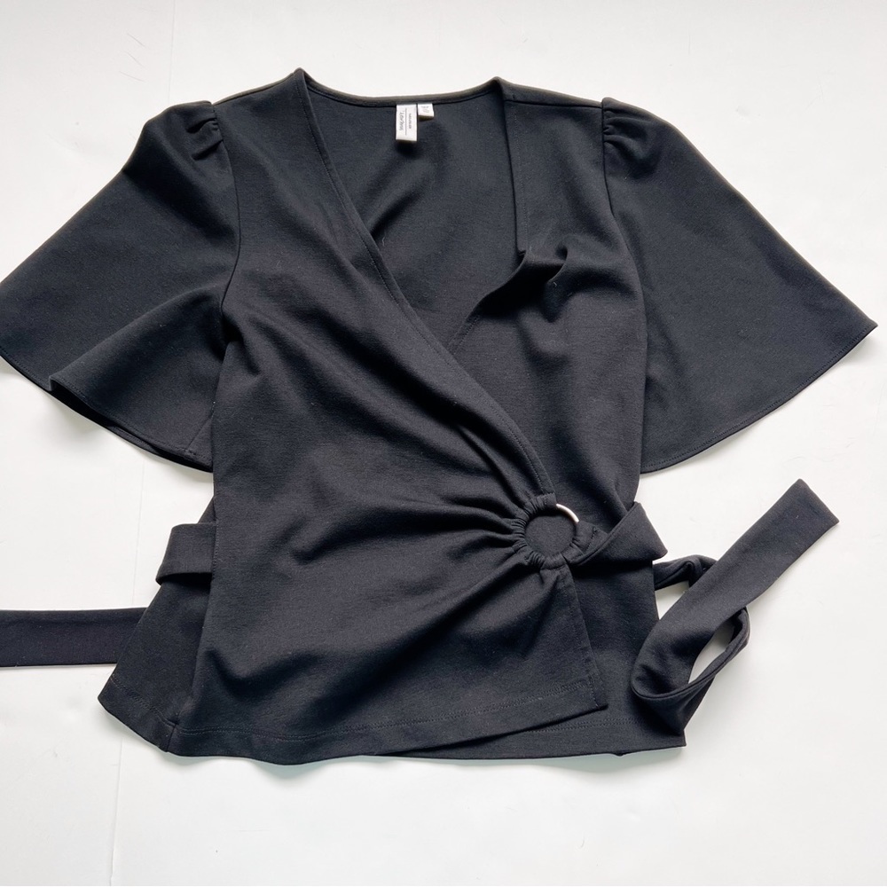 2/25 & Other Stories Black Wrap Top Blouse Boho Short Sleeve